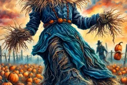 works by Mark Keatley, Josephine Wall, Ellen Jewett, Dan Mumford Cayenne, Victoria Francis. dancing scarecrow with a scary pumpkin head in a field with scarecrows, High Definition HD, High Detail, UHD Pen and Ink Art, Perfect Composition, Detailed Intricacy, Crazy Octane Rendering, Trending on Artstation, 8k Fine Art Photography, Photorealistic Concept Art , soft thoughts, 3D cinematic perfect light, 3D rendering, famous, unforgettable., photo, poster, cinematic