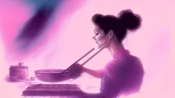 a watercolor painting of a woman cooking a tv show, hair up tied, and a gradient background in shades of pink or blue.