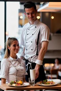 waitress and waiter serving tables in a modern restaurant in Spain, real photograph; photo taken with Fuji XT3 50mm lens camera, well-lit restaurant