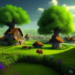 Fantasy Farming village with giant elm tree in the center of town