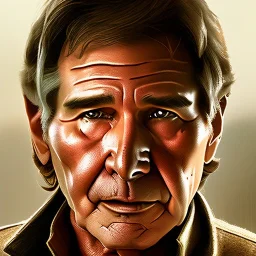 8K space background with stunning photo realistic detailed head to waist portrait of harrison ford as han solo in star wars with photo realistic short hair by Thiago Moura Januário, , Sharp focus, brown eyes, weathered skin,space jacket from star wars, photo realistic digital painting