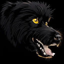 an angry scruffy black terrier on black background, yellow eyes, illustration