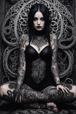 Girl goth many tattoos on his body, siting, fullbody, tentacles behind, intricate, macro photography,