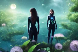 young woman in an android suit with dark hair, standing on the shore of an alien sea. Floating forests with dandelion tops in the distance