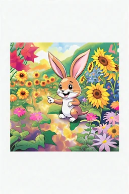 The cute bunny excitedly points at a bright yellow sunflower in the colorful garden, child book illustration style, faces must be the same as reference image