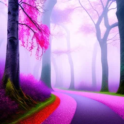 Trees growing pink and purple leaves, glitter, fog, willow, forest, beautiful,