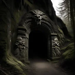 High resolution image of a weathered carved stone tunnel entrance shaped like a Demonic mouth, on the side of a forested hill. Inside are dark stairs going downward.