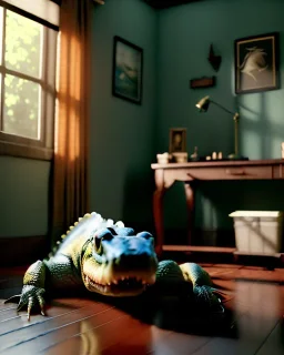 Room scene with alligator sleeping, Wes Anderson styler, realistic image, concept art, smooth, unreal engine 5, god lights, ray tracing, RTX, lumen lighting, ultra detail, volumetric lighting, 3d.