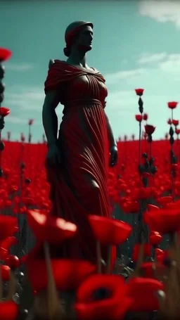 statue of justice in a field of red poppies.cinematic