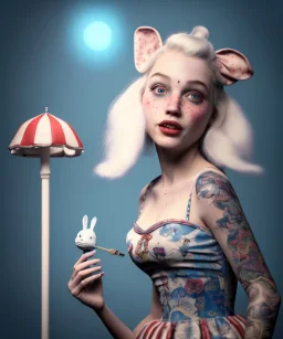 Ultra realistic portrait, wonderland, happy blonde Alice smoking a pipe, blue dress accompanied by elegant anthropomorphic white rabbit, circus dress style, old school tattoo, laughter, smoke, marijuana garden, mushroom lamps, glow eyes, perfect iris, soft color, highly detailed, unreal engine 5, ray tracing, RTX, lumen lighting, ultra detail, volumetric lighting, high definition.