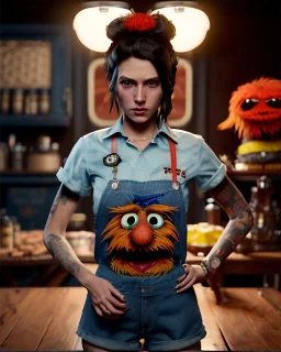 Realistic portrait, hybrid character, waitress sexy British woman with monster muppet mask that covers her entire head, Sesame Street style, retro style, short shirt, tray, beer, old school tattoo, hot, smooth, unreal engine 5, god lights, ray tracing, RTX, lumen lighting, ultra detail, volumetric lighting, 3d.