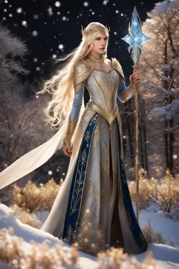 Elven princess,elven crown,long white blonde golden hair,rapunzel hair,ice flowers,beautiful,light blue,dark blue,golden armor,sparkle,glitter,ice flowers,snow,elven ears,dark fairy princess