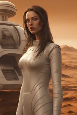 science fiction scene like fantasy on mars 30 years old woman brunette long hair ultrarealistic wet skin raining, tattos photorealistic, wind is blowing, tanned skin collarbones, skinny, space ship behind, all looks like poster from 2250, women looks like nun