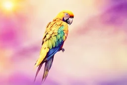 parrot-phoenix mix birds, a picture of togetherness, death, resurrection, purple in sunshine, watercolor and black ink outlines, sparkling golden glitter, ethereal, cinematic postprocessing, bokeh, dof