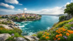 desktop wallpaper ,Turkey istanbul ,country side wavy rocky river ,wild flowers,blue sky nice clouds,