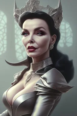 Joan Collins as evil queen in black leather, leather, busty, cleavage, angry, stern look. character design by cory loftis, fenghua zhong, ryohei hase, ismail inceoglu and ruan jia. unreal engine 5, artistic lighting, highly detailed, photorealistic, fantasy