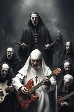 papež hraje v blackmetalové kapale na baskytaru, biskup hraje na bicí, kardinál na elektrickou kytaru a jeptiška řve do mikrofonu, ponurá atmosféra, veliký kontrast, hodně detailů, fotorealistické, RAW