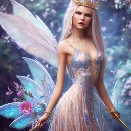 Fantasy cute fairy with wings, smiling, make up, long blond platinum hair, blue eyes, crown, beautiful dress, flowers in background, HQ