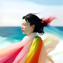 Bjork, A white curtain above the sea, turquoise, pink, orange, yellow, wind blowing