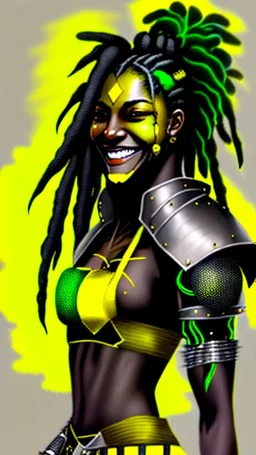 A woman has dark skin, yellow eyes and black dreadlocks. Her face has a slying smile, showing her superiority in the eyes of others. She is dressed in a steel armor with a few pieces of yellow and green fabric sticking out.