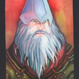 dungeons and dragons, fantasy, dwarf, dark priest, full plate armour, ironclad, dark metal, dark red glow, watercolour, large strokes, distinct face, portrait, head