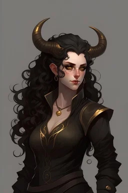 Curvy Full body Tiefling female with pale skin, gold eyes, dark curly hair, rogue