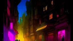 John Harris Style page, dark serious 1990s style, ((masterpiece, best quality)), (((solo))), full color, retro anime style, full color, dark serious 1980s steampunk cityscape, magic,