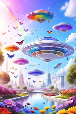 colors, very beautiful, flowers garden,rainbow, cité très futuriste ultra moderne, ufos rainbow, ufos fleet, intergalactic, birds, butterfly