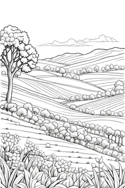 B/W outline art,coloring book page, full white, super detailed illustration for adult,cartoon style "The Beauty of the Countryside" coloring pages, crisp line, line art, high resolution,cartoon style, smooth, law details, no shading, no fill, white background, clean line art,law background details, Sketch style, strong and clean outline, strong and black outline