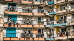 Multiple people on a multi-level building with balconies, stairs, and hanging laundry, average age around 30, average race Caucasian , under a clear sky