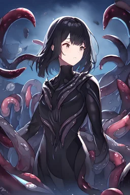 masterpiece, best quality, HD, 1girl, black hair, parasitic bodysuit, looking right, upper body, void dimension, outdoors, watercolor, night, tentacles