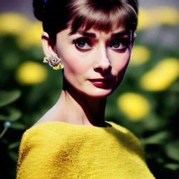 Audrey Hepburn has glow effect. She has beautiful eyes, Her hair flies in the air. with yellow flowers for hair, closed eyes, rtx, reflection, 8k, glow, winning photography, caustics