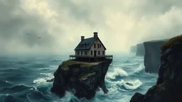 (((Decaying house))), teetering on the edge of a cliff over the raging sea.Gothic. Nightmare. (polished, organic, crisp quality, extremely detailed). (entirely (Centred image). Full length portrait).(polished, organic, crisp quality, extremely detailed). (entirely (Centred image). Full length portrait).Alcohol ink effect.