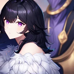 Clear focus,High resolution,8k, Beatiful Lighting, black short fluffy hair, long fluffy bangs, purple eyes, wearing a goddess outfit, extreme close up