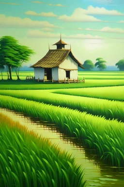 A painting of rice field with small house