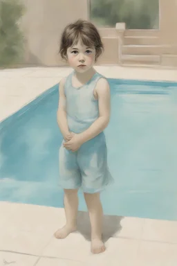 illustration of Charlotte gainsbourg as a toddler, at the swimming pool, style of Marcel Marlier, pastel colors