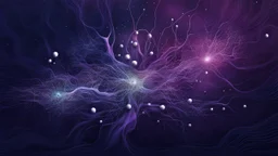 A minimalist abstract 2d digital art graphic and ink montage,. Deep dark purple background with pale neural network background, human nervous system with shiny little balls , white-dark blue-pale gray and black colors, Clean composition with strange vibe, with surreal vibe, Photorealistic with emotional with abstraction , neurodivergens soul and mind, cinematic, glitch