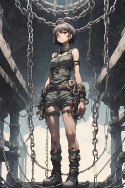 Anime girl with chain body holding long chains dieselpunk, fullbody, the perspective looking up from the bottom of an empty well ,in the style of Katsuhiro Otomo.