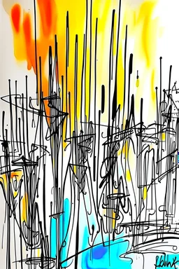 Abstract wet watercolour, ink lines, Bernard buffet