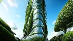 Futuristic skyscraper with a biomorphic design, lush vertical gardens, and soaring glass facade, inspired by Zaha Hadid, photographed by Candida Höfer --ar 16:9 --c 3