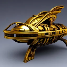 ornate starship made of brass, damaged and on fire, in space, in the style of TRON