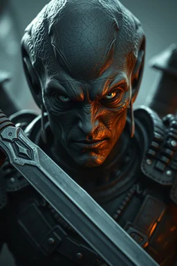 Alien looking up , d&d character art masculine features, with daggers light , deep coal-gray skin, 8k, 3d cgi, unreal engine 6, high detail, intricate, cinematic battle background