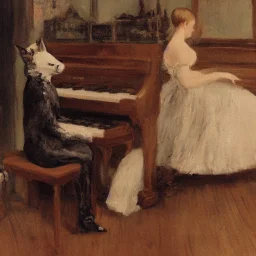 A cat in a historic dress is playing Piano. Background Music notes are dancing. Impressionism