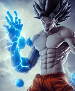 Goku, avatar blue body style, fighting pose, muscular body, shirtless, volumetric details, hyper realism, unreal engine 5