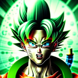 Son-goku with white hair in a green field, steam punk, close-up