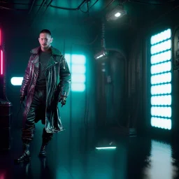 Actor, tom hardy, blade runner style, rain, fog, neon ambient, gradient color, clean skin, circuits, latex coat, cyber punk, neon, tubes, portrait, studio photo, unreal engine 5, smooth color, 16 bit, god lights, ray tracing, RTX, lumen lighting, ultra deatail, volumetric lighting, 3d, finely drawn, hd.