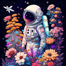 "floral astronaut" hand-drawn digital art, flowers everywhere, colorful garden, beautiful galaxy, REALISTIC, anime, 4k, high resolution, full details