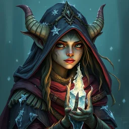 a pretty goblin woman, shaman, ice, young, medieval, fantasy, illustration, cinematic, poster, evil