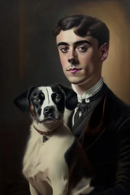 Make me a oil portrait of a very rich person that is 27 Years old from 1920 with a dog