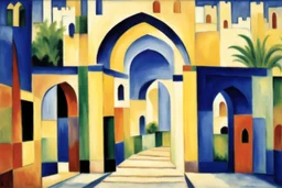 an open gothic_Arab gate in a blue-tiled wall with a view of an old city by artist "August Macke",by artist "Franz Marc"